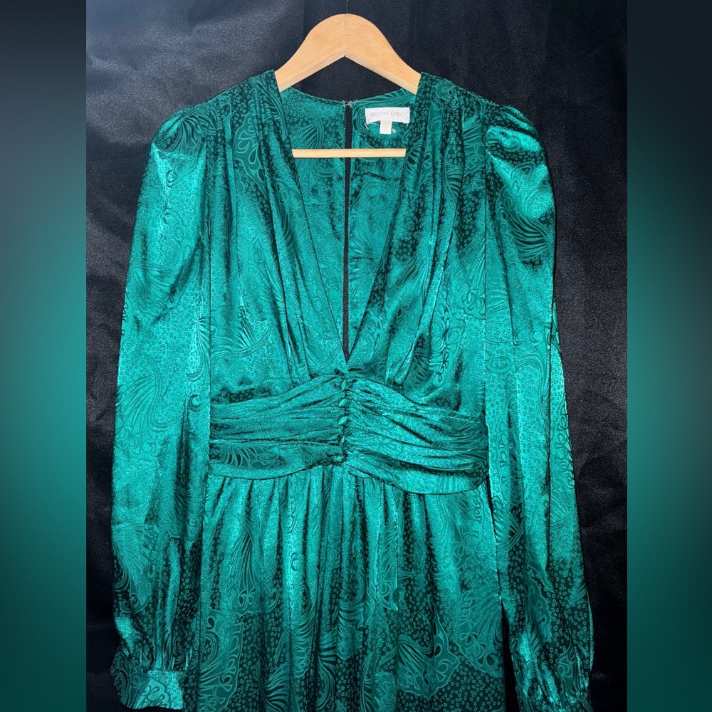 Emerald Green Satin Long Sleeve Dress / Ronny Kobo
